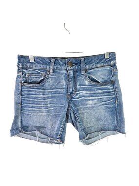 Womens American Eagle Blue Denim Midi Shorts Super Super Stretch Cut Off Size 4